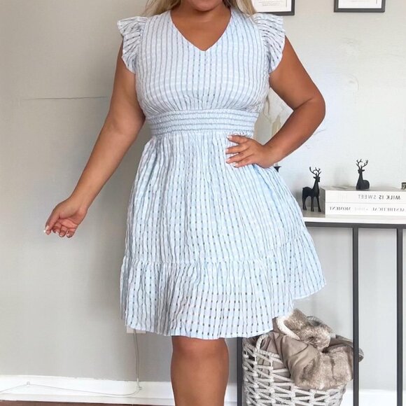 Women's Summer Dress Plus Size Casual V Neck Flare Sleeves A-Line Short Sundress - Picture 5 of 13